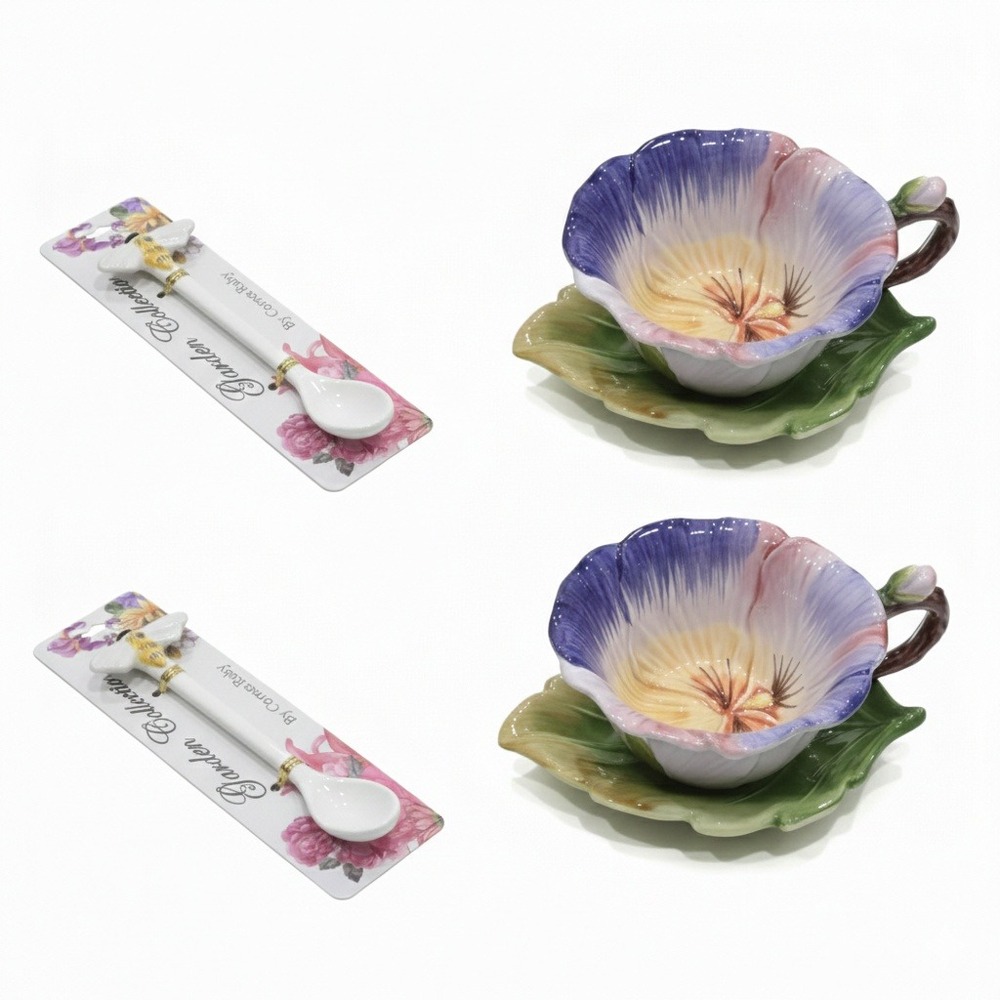 CornerRuby Garden Collection Pansy Flower Teacup Leaf Saucer Bee‎ Spoon Set of 2